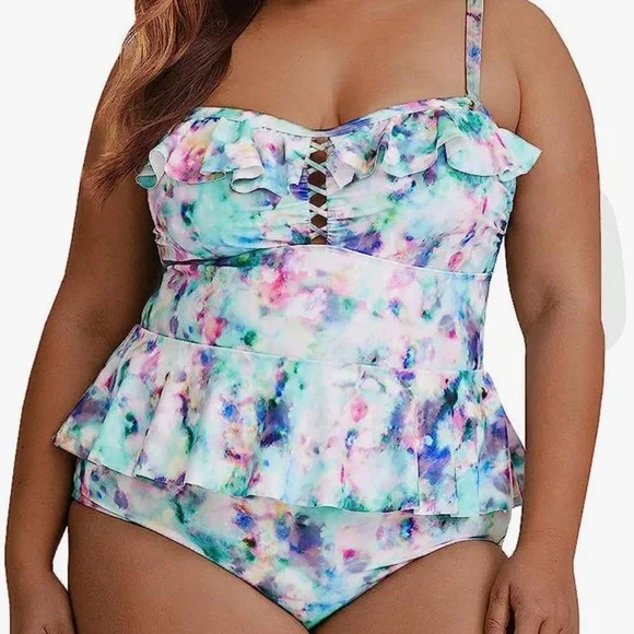 Tutorutor Womens Two Piece Plus Size Bathing Suit - Peplum Tankini - Picture 2 of 8